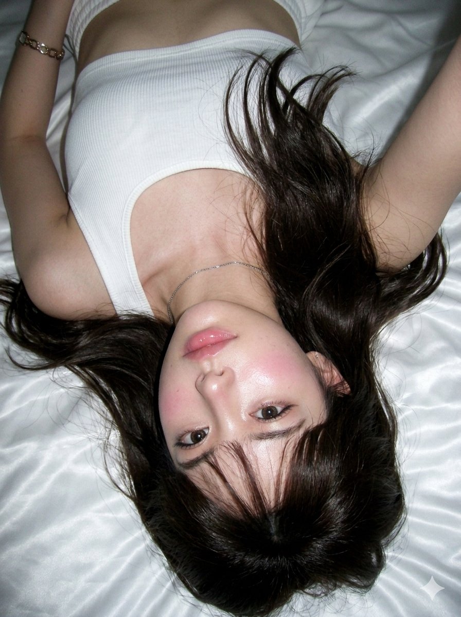 Serene Upside-Down Portrait in Soft Bedroom Light