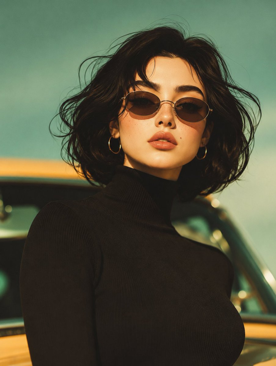 A woman in black turtleneck poses by vintage car