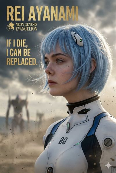 Elle Fanning as Rei Ayanami stands in a neon-lit cockpit