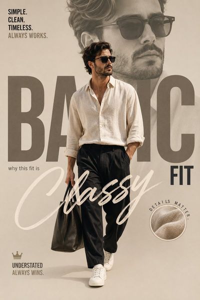 A confident man in cream linen walks through minimalist beige tones.