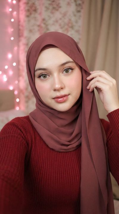 Young woman in dusty rose hijab adjusts fabric with gentle hand