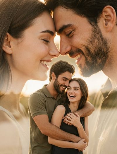 A warm double-exposure portrait of a laughing couple embracing