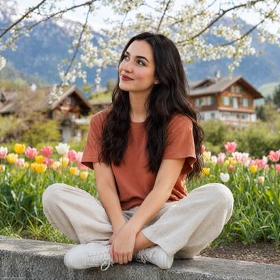 Woman in orange shirt smiles among spring tulips and cherry blossoms