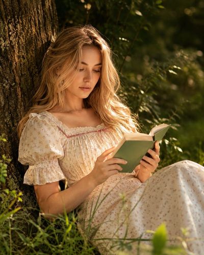 A young woman reads a sage-green book in golden woodland light