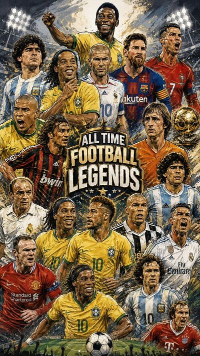 Epic caricature collage of football legends in action