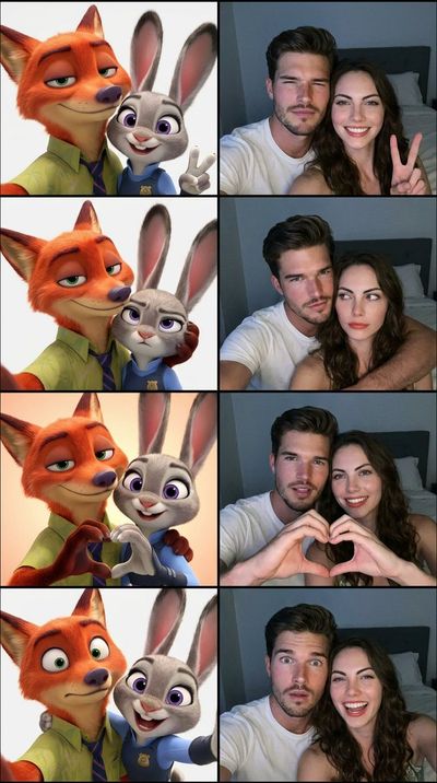 Animated Charm Meets Reality in a Playful Couple's Photobooth Grid
