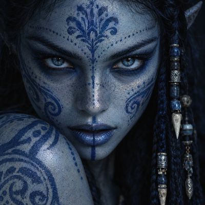 Ice-Blue Tribal Warrior Woman Stares Intensely in Cinematic Close-Up