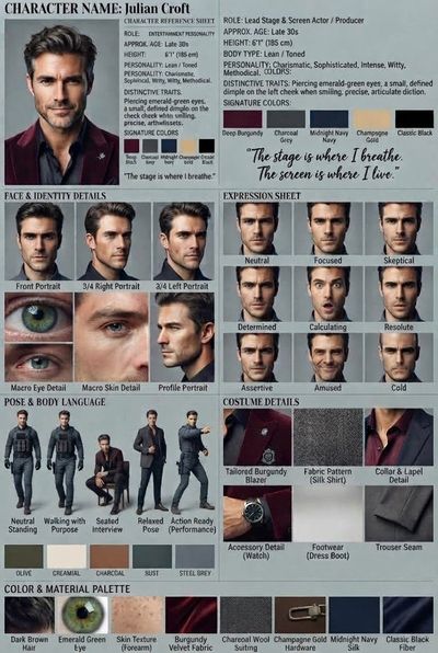 Julian Croft character sheet displays actor's expressions and tailored costumes