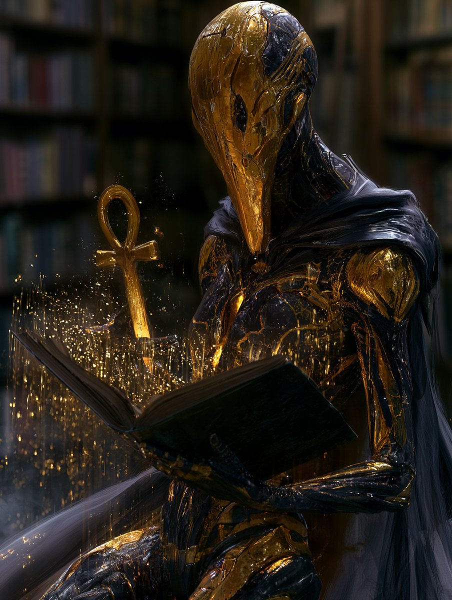 Ancient goddess in black and gold stands in a dim library