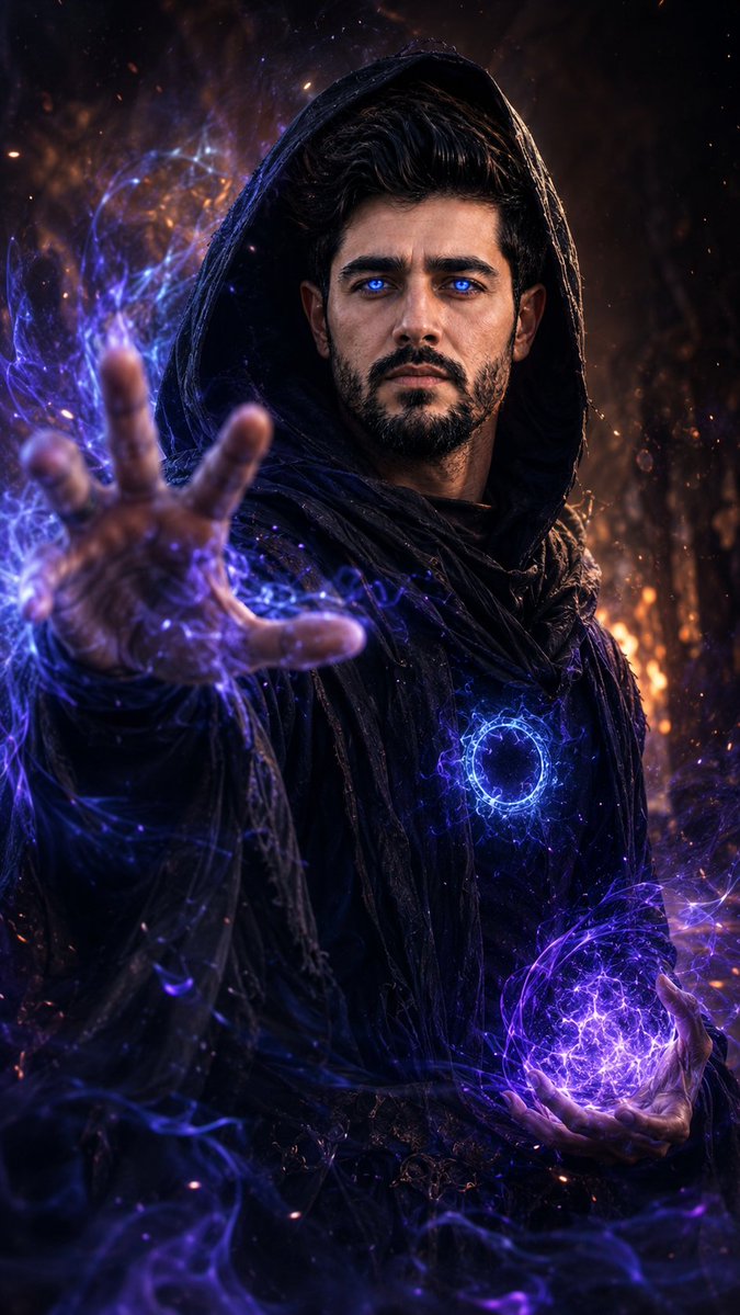 Mystic sorcerer summons crackling lightning with intense blue eyes