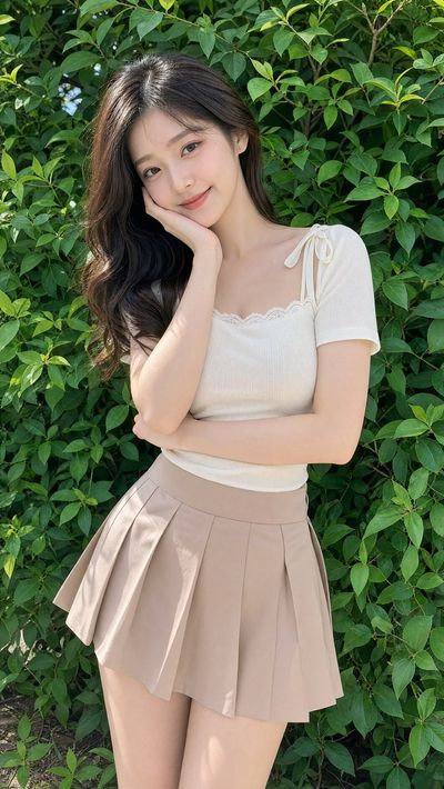 Young East Asian woman smiles in cream top beside lush green bushes