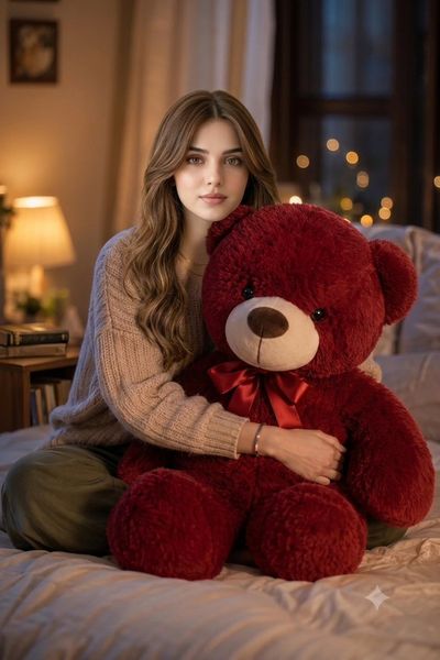 A young woman hugs a fluffy teddy bear on a cozy bed