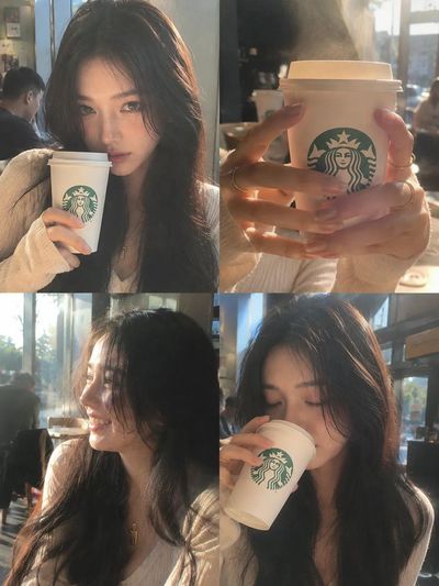 Woman sips coffee in sunlit cafe with candid iPhone charm