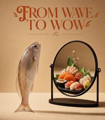 A raw fish stares into a mirror reflecting sushi perfection