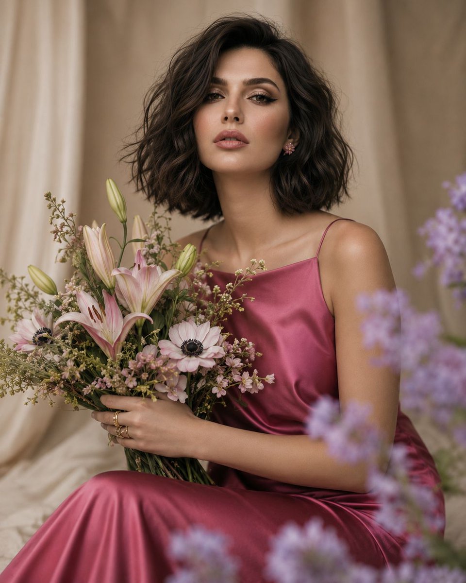Woman cradling pink lilies in a satin dress with soft window light.