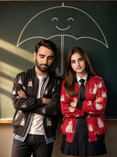 Young couple stands under a chalk umbrella in warm sunlight