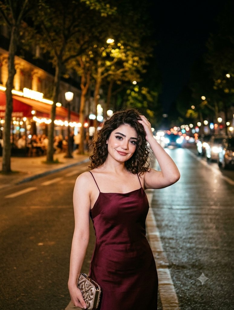 A woman in burgundy satin dress poses on Parisian boulevard at night.