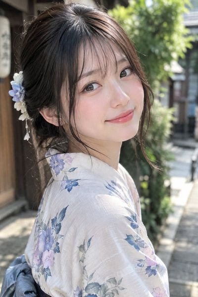 Young woman in floral yukata smiles softly over her shoulder