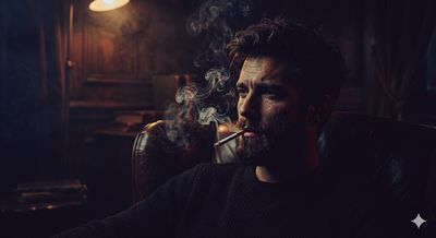 A bearded man sits in shadows under a single warm spotlight.