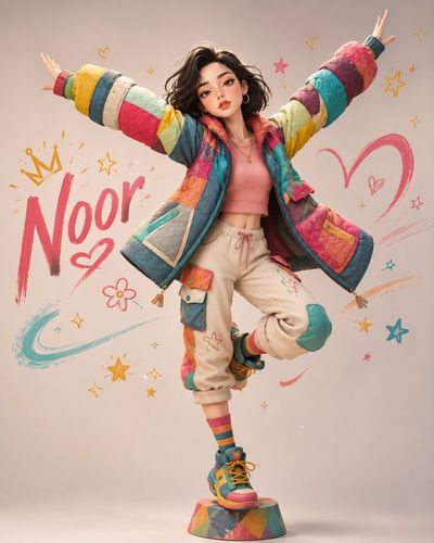 A stylized cartoon girl balances in colorful streetwear with playful doodles