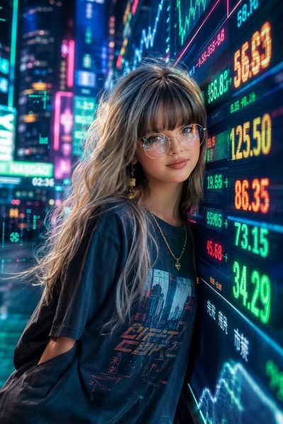 Subject leans against neon stock display in futuristic financial district