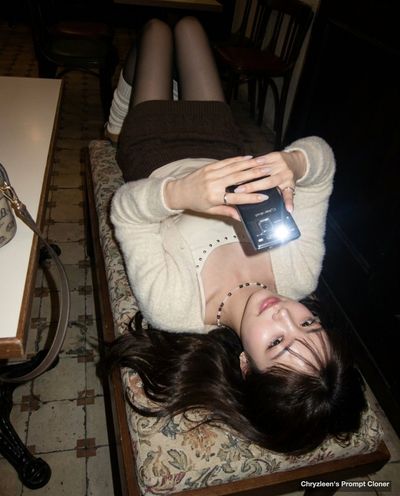 A woman lies upside down on a café bench late at night