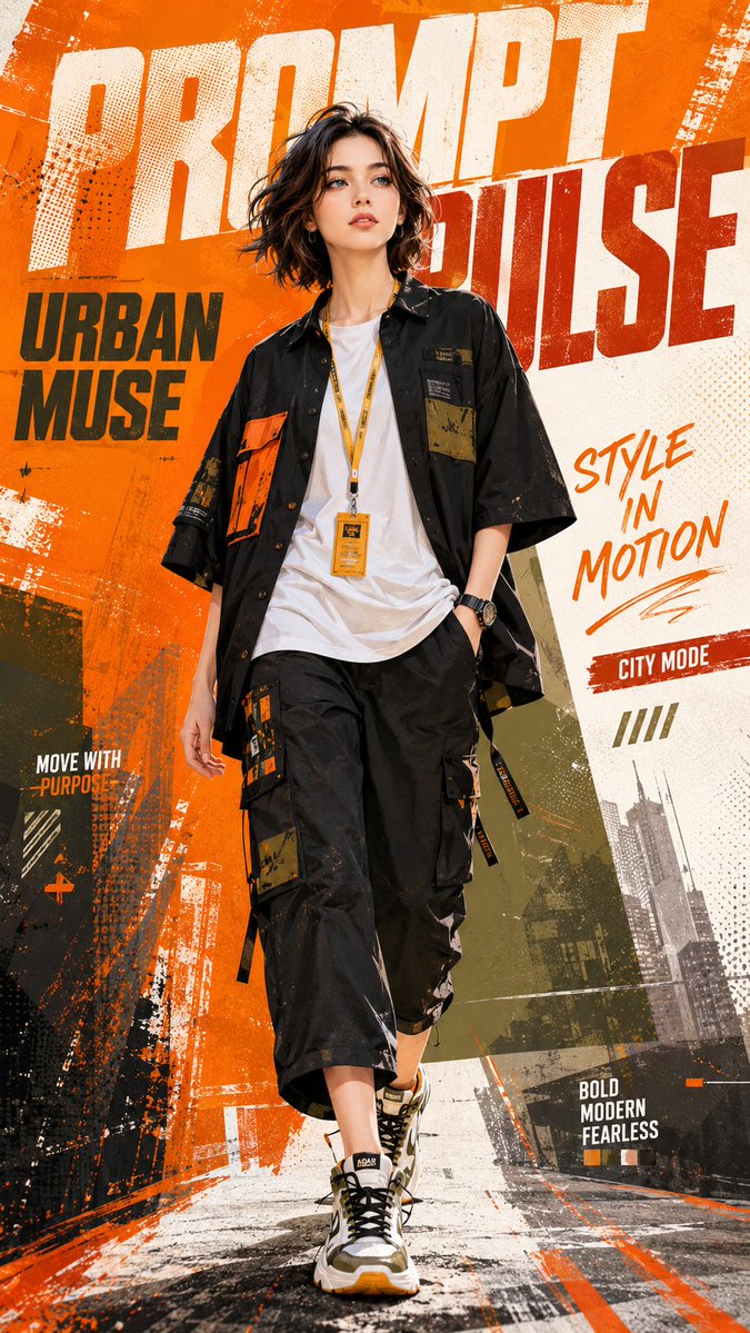 Urban muse strides forward with bold confident orange street style