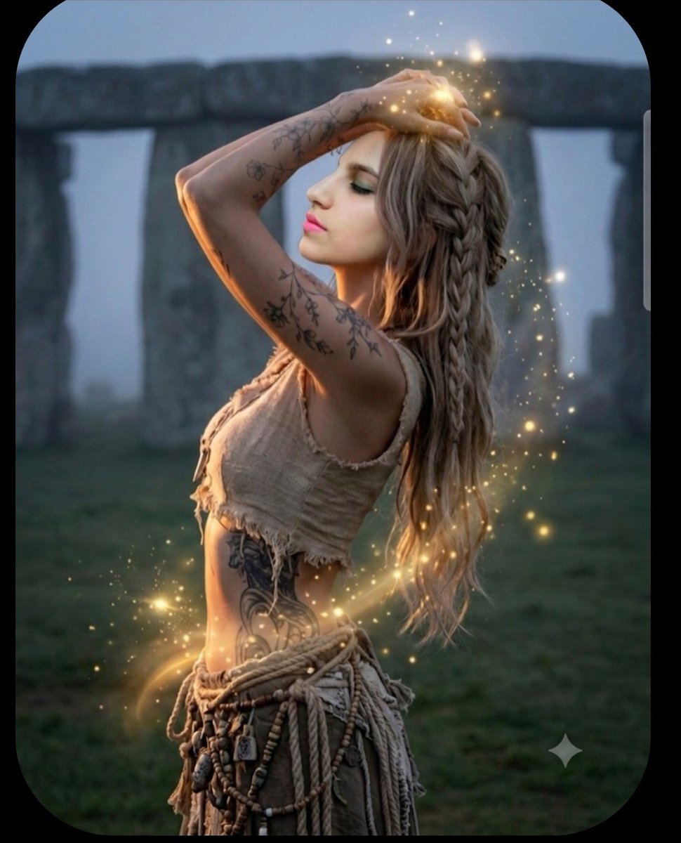 Warrior woman with glowing hands stands before foggy Stonehenge