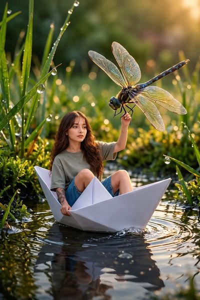 A tiny woman rides a giant origami boat while holding a dragonfly