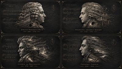 A composer's silhouette emerges from engraved musical notation.