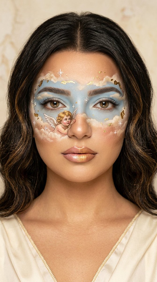 A serene model wears a hand-painted Renaissance cherub across her cheek