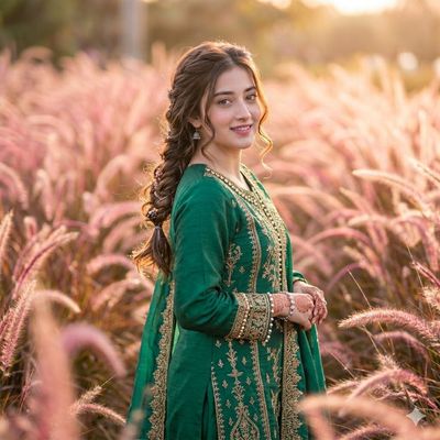 A woman stands in fountain grass during golden hour