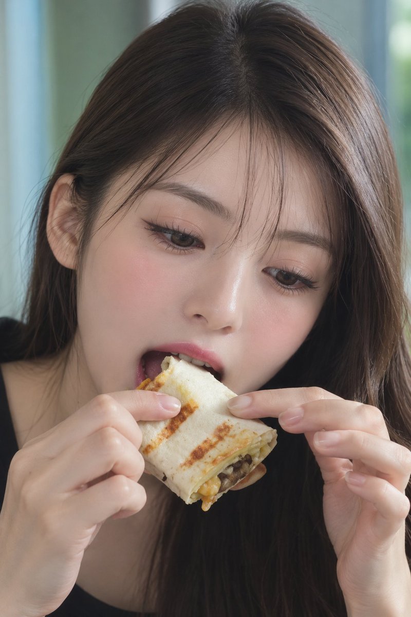 Young woman savors grilled burrito wrap in bright close-up portrait