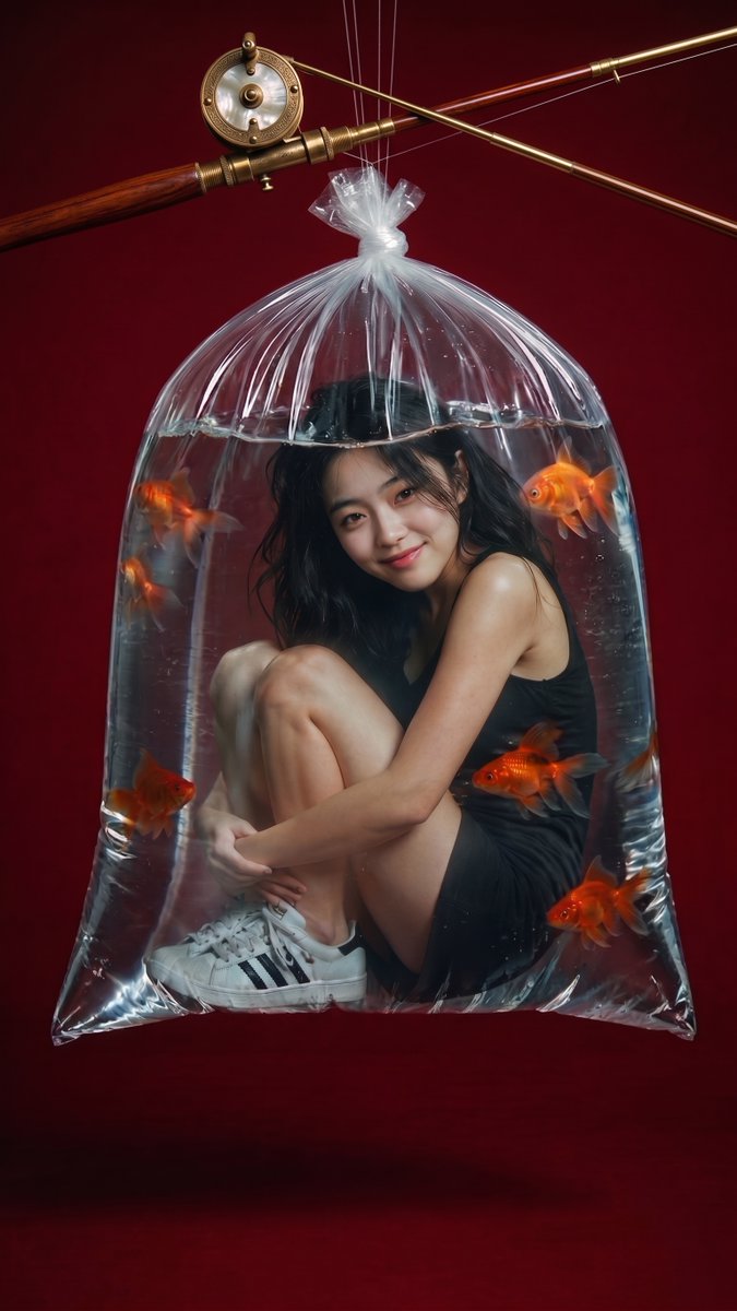 Woman Curled Inside a Water-Filled Bag with Goldfish