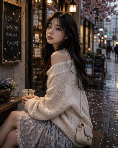 A woman in a cream sweater browses books as rain falls