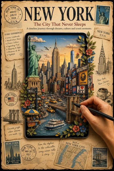 Vintage travel poster shows papercraft Paris coming to life on tablet