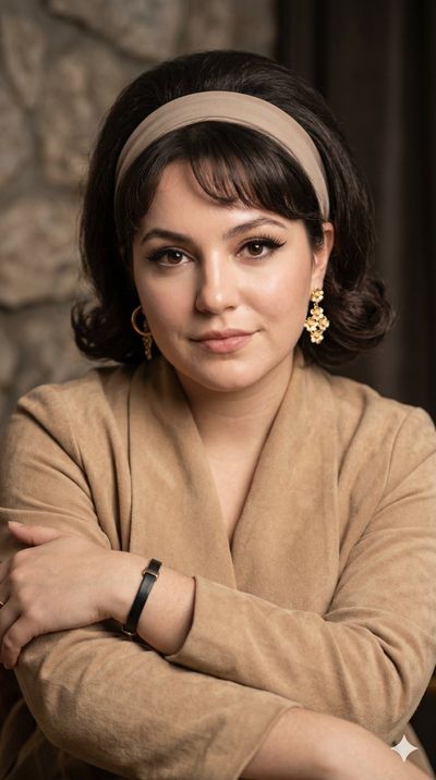 A vintage actress with dramatic winged liner gazes softly at camera