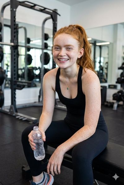 Athletic woman smiles on gym bench after intense workout