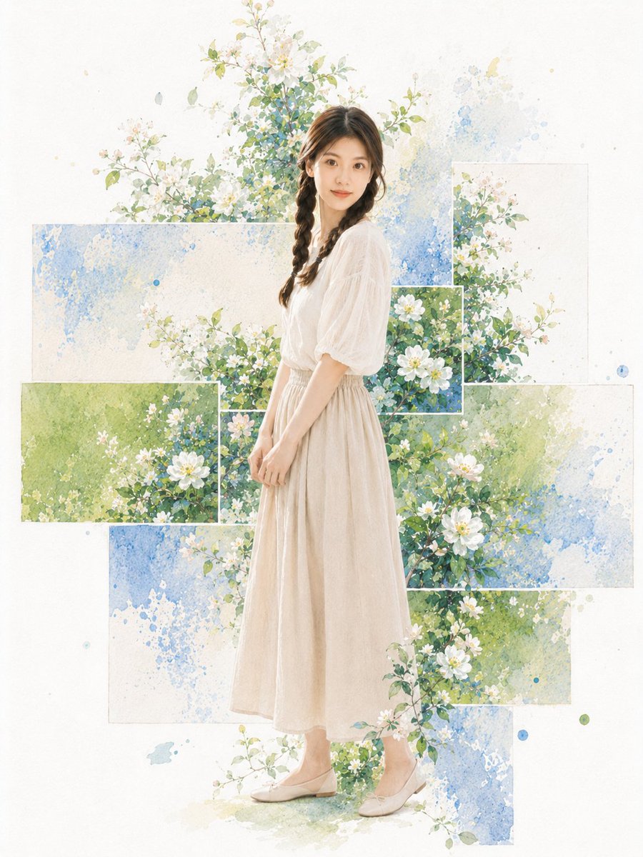 A serene portrait framed by soft watercolor garden collages