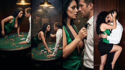 A croupier in emerald silk glares across the poker table