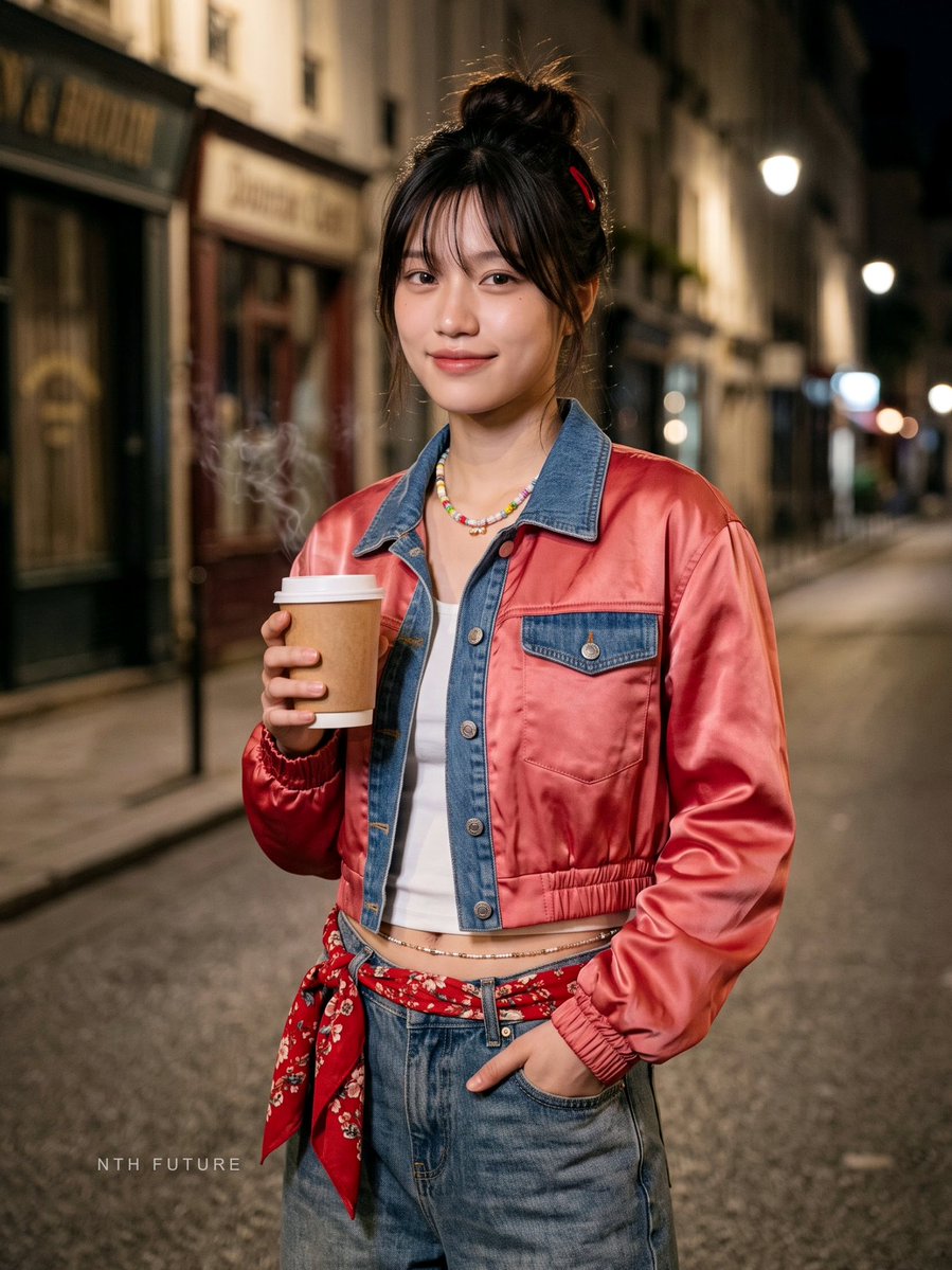Vietnamese model in red bomber poses on deserted night street with coffee