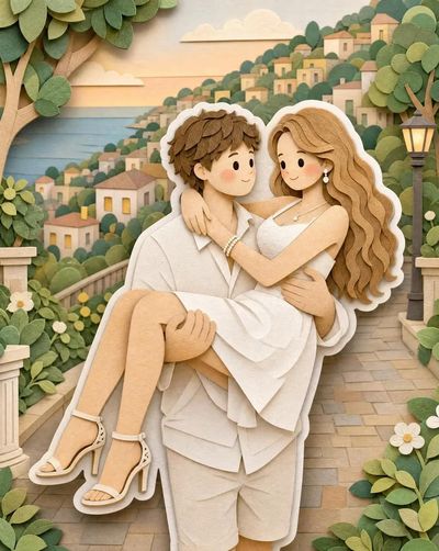 A girl in a paper-cut garden smiles beneath layered trees