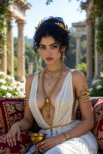 An Indian queen in a golden crown sits amid ancient ruins