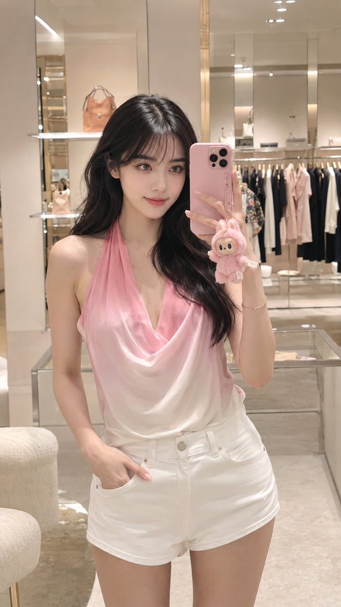 Young woman in pink halter top takes mirror selfie at luxury boutique
