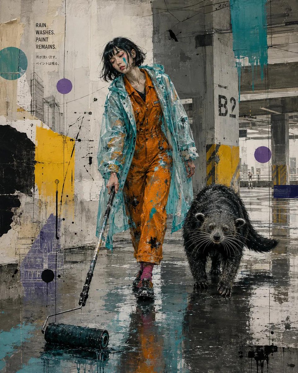A melancholic woman in a raincoat walks with a raven