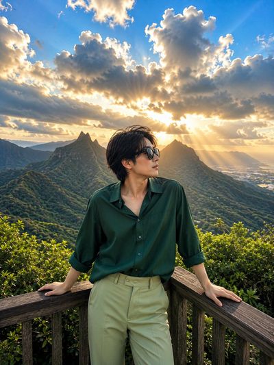 A glamorous woman leans against a wooden railing over emerald valleys
