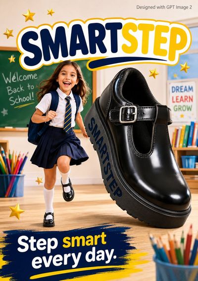 Young girl skips beside a giant shoe in a bright classroom