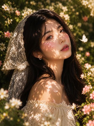 East Asian woman in white lace touches jasmine amid golden dapple light