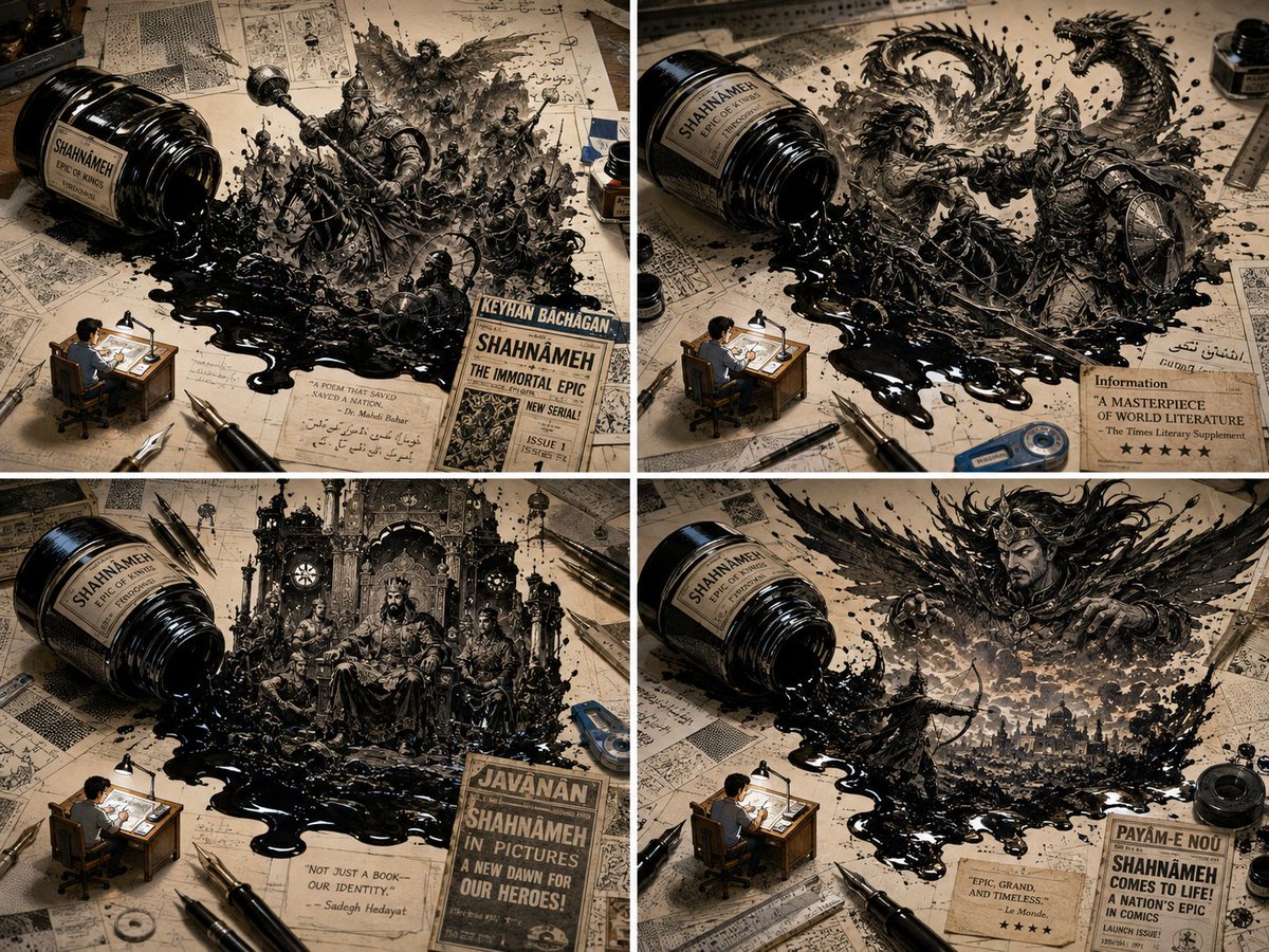 Ink spills into heroic Persian scenes on a studio desk