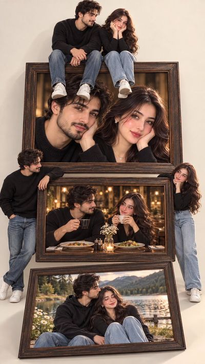 Surreal Multi-Frame Portrait of a Couple in Romantic Wooden Frames